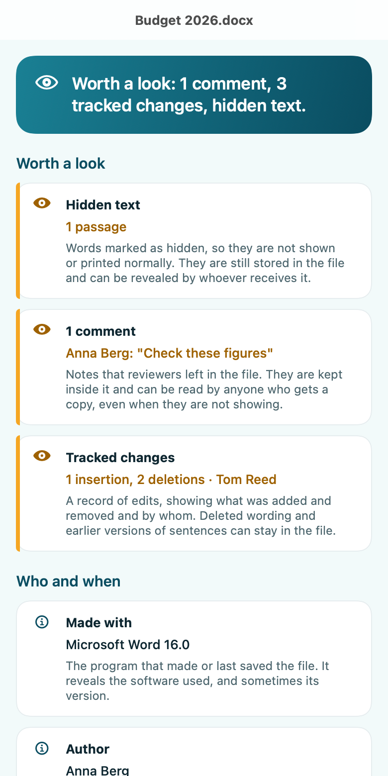 BarePeek result screen listing a comment, tracked changes and hidden text found in a Word file